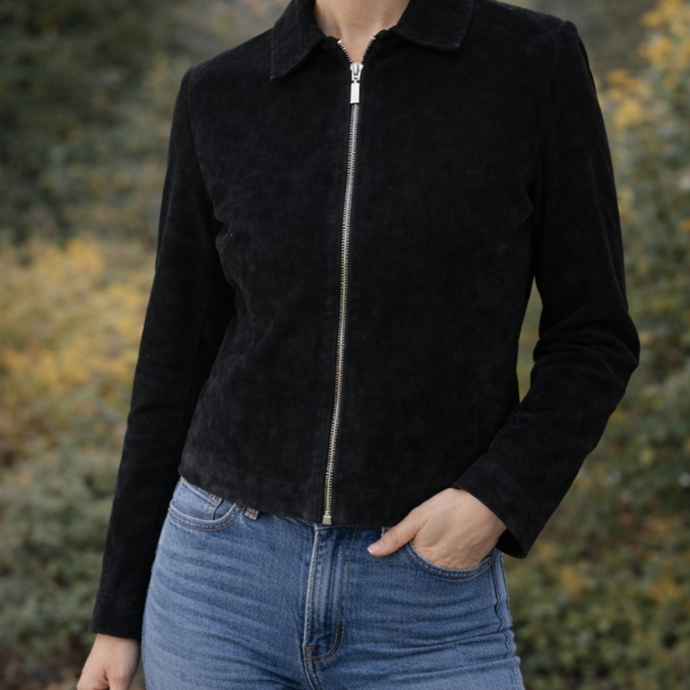 Vintage 90s Black Suede Leather Jacket Women’s Size 8 Minimalist Zip